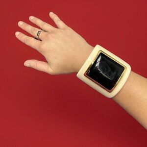 Vintage TORY BURCH black ivory White Gold resin cuffs Acrylic Statement Bold